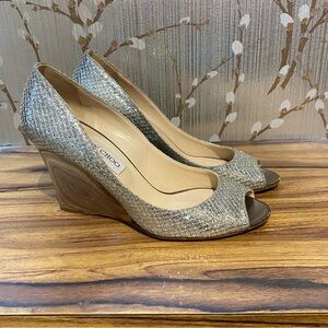 JIMMY CHOO | Gold Silver Glitter Peep Toe Wedge Heels 38 Silver Mirrored Wedge